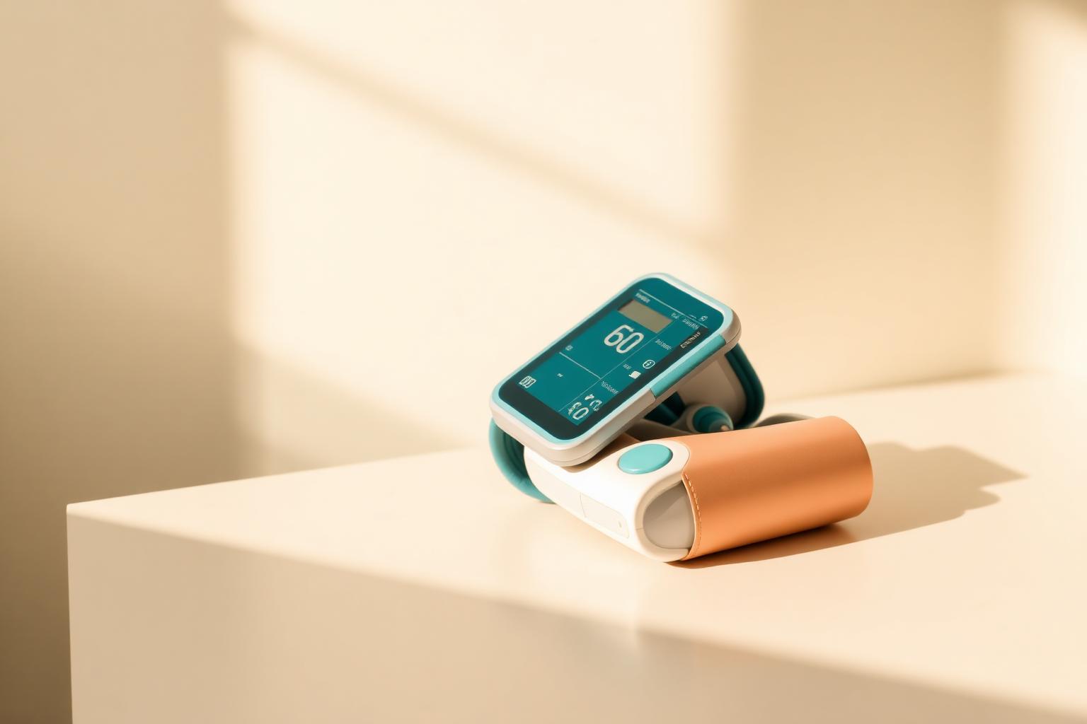 A modern blood-pressure cuff resting on a warm-white surface in soft light