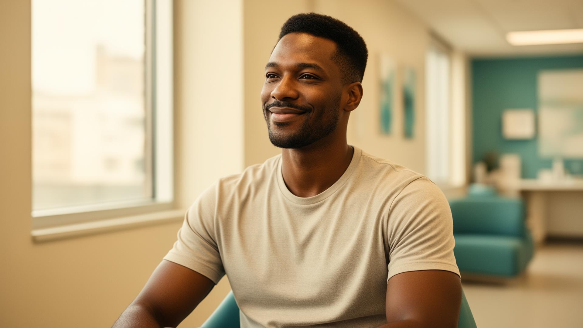 A confident, healthy patient in a welcoming clinic space — HIV care with dignity
